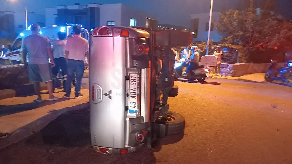 Bodrum'da çöp konteynerine çarpan araç takla attı