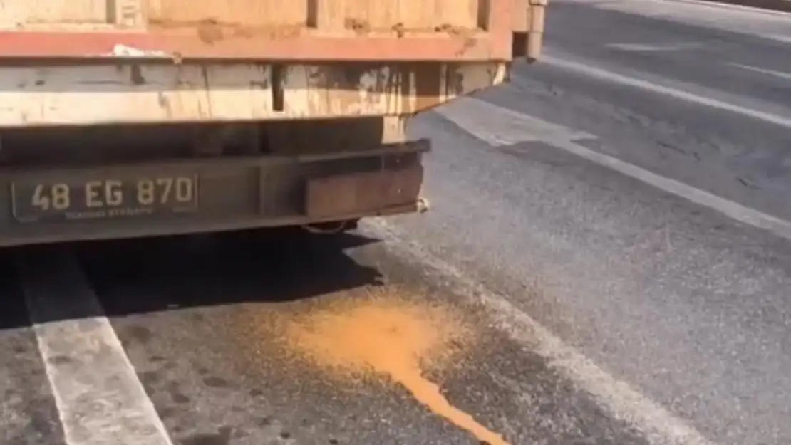 Resmi plakalı kamyondan yola pis su aktı