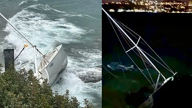 Bodrum'da fırtına etkili oldu yelkenli tekne karaya oturdu