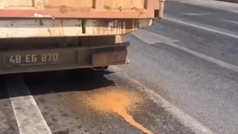 Resmi plakalı kamyondan yola pis su aktı